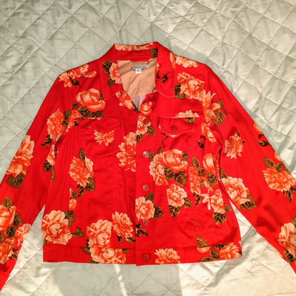Isaac Mizrahi red floral jean jacket